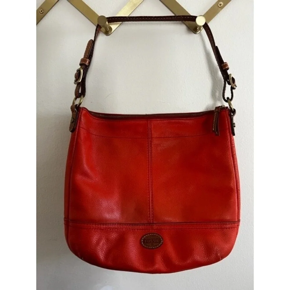 Fossil Explorer Orange Pebbled Leather Hobo Shoulder Bag  Leather Shoulder Strap