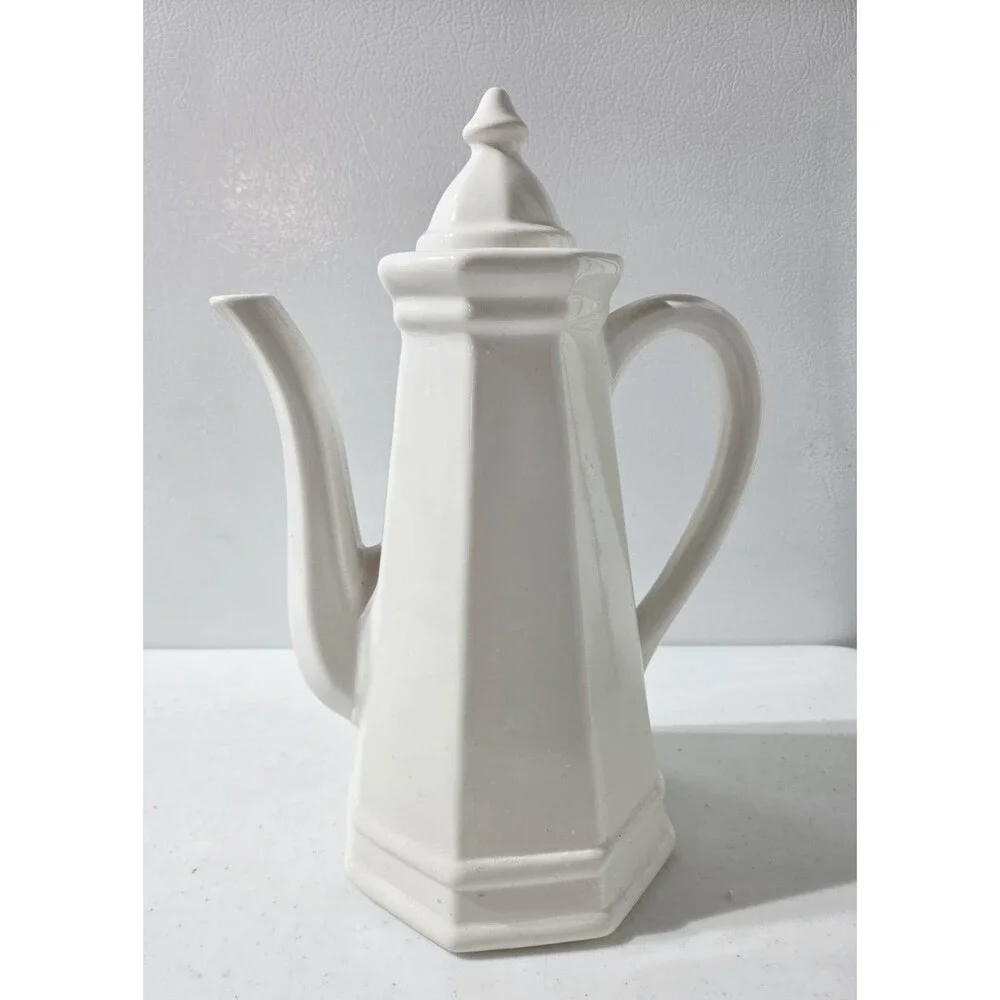 MCM Rare Pfaltzgraff Heritage White Tall Coffee Tea Pot With Lid 13.5” Tall READ