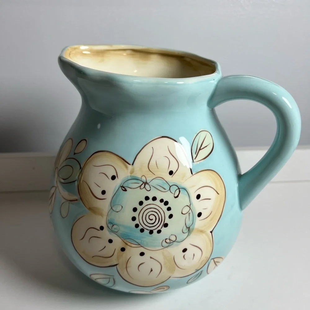 Pier 1 Blue and Cream Floral Ceramic Pitcher