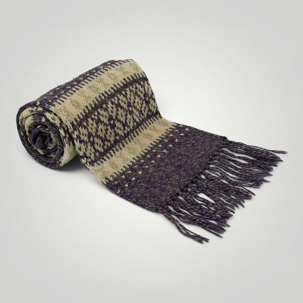 Eastern Mountain Sports Wool Scarf Purple Fair Isle Fringe USA Winter Knit