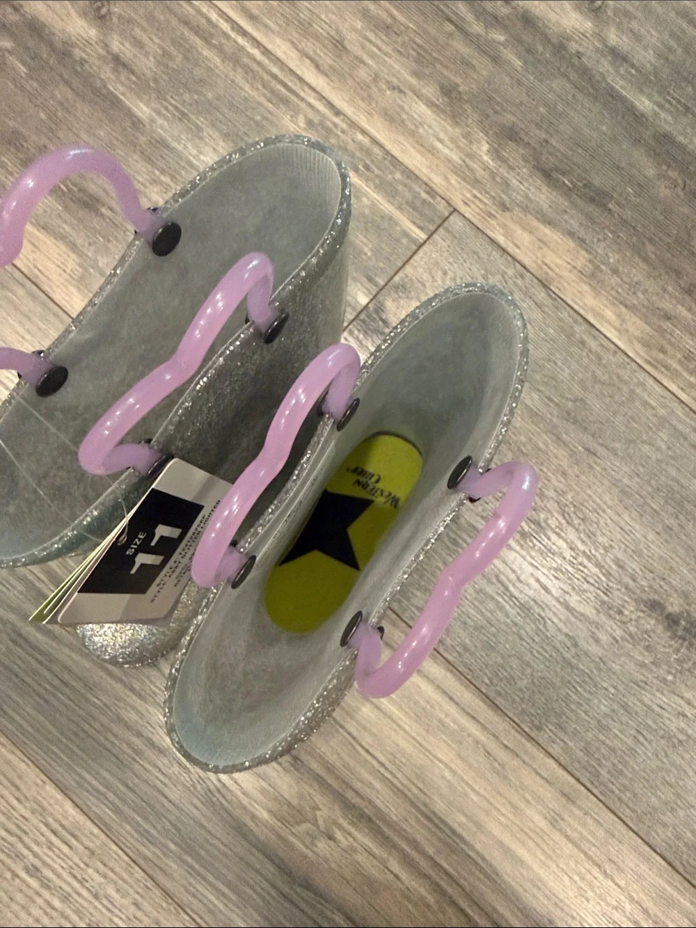 Western Chief Glitter Kids Rain Boots with Heart Handles - Silver and Lavender