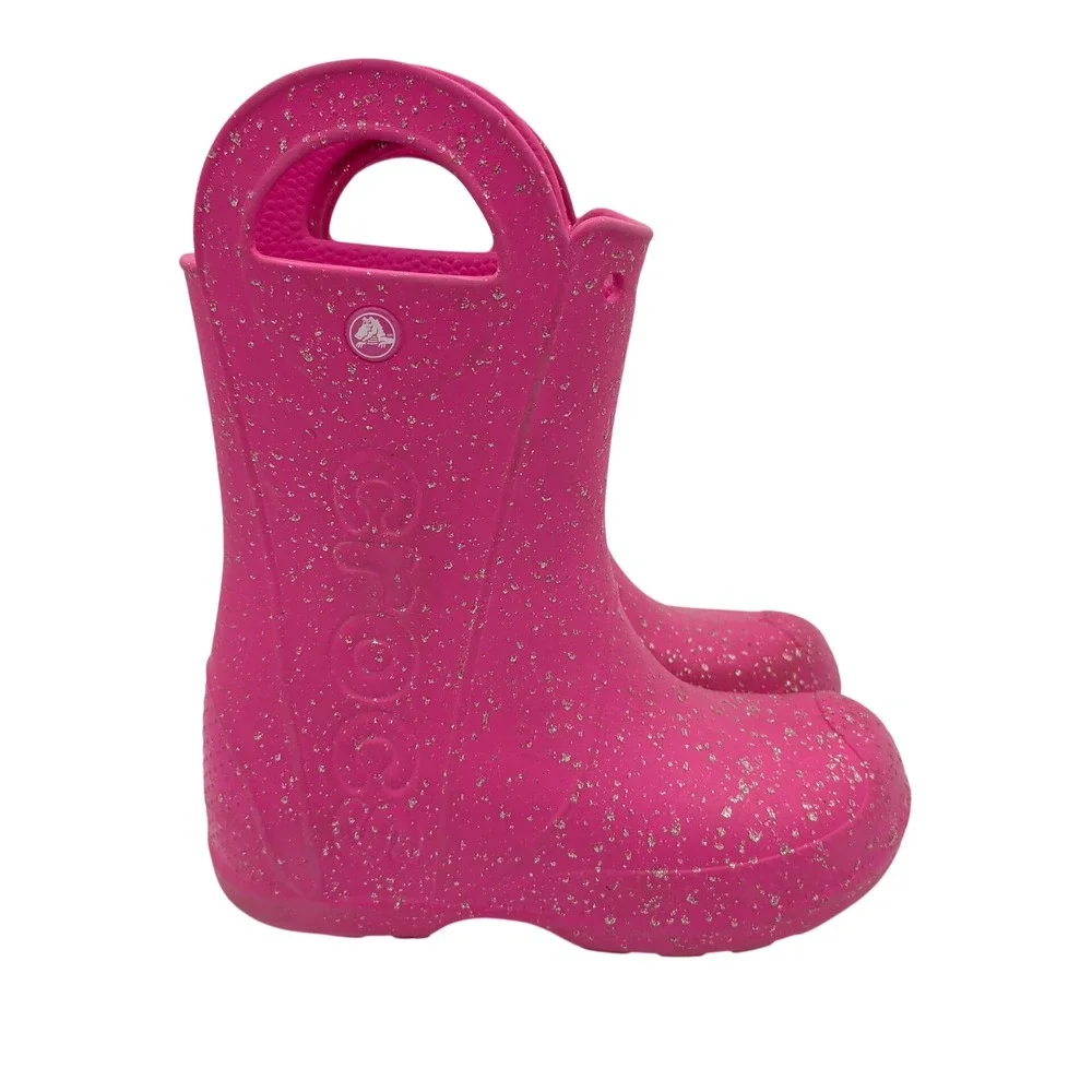 Crocs Kids Handle It Pink Glitter Rain Boots Waterproof Pull On J2 210391