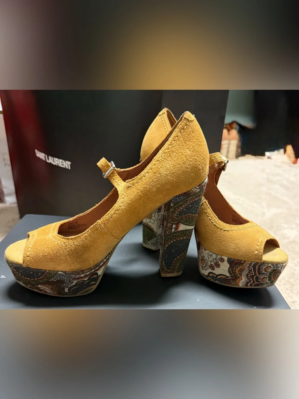 Lucky Brand Mustard Yellow Suede Mary Jane Peep-Toe Platform Pumps