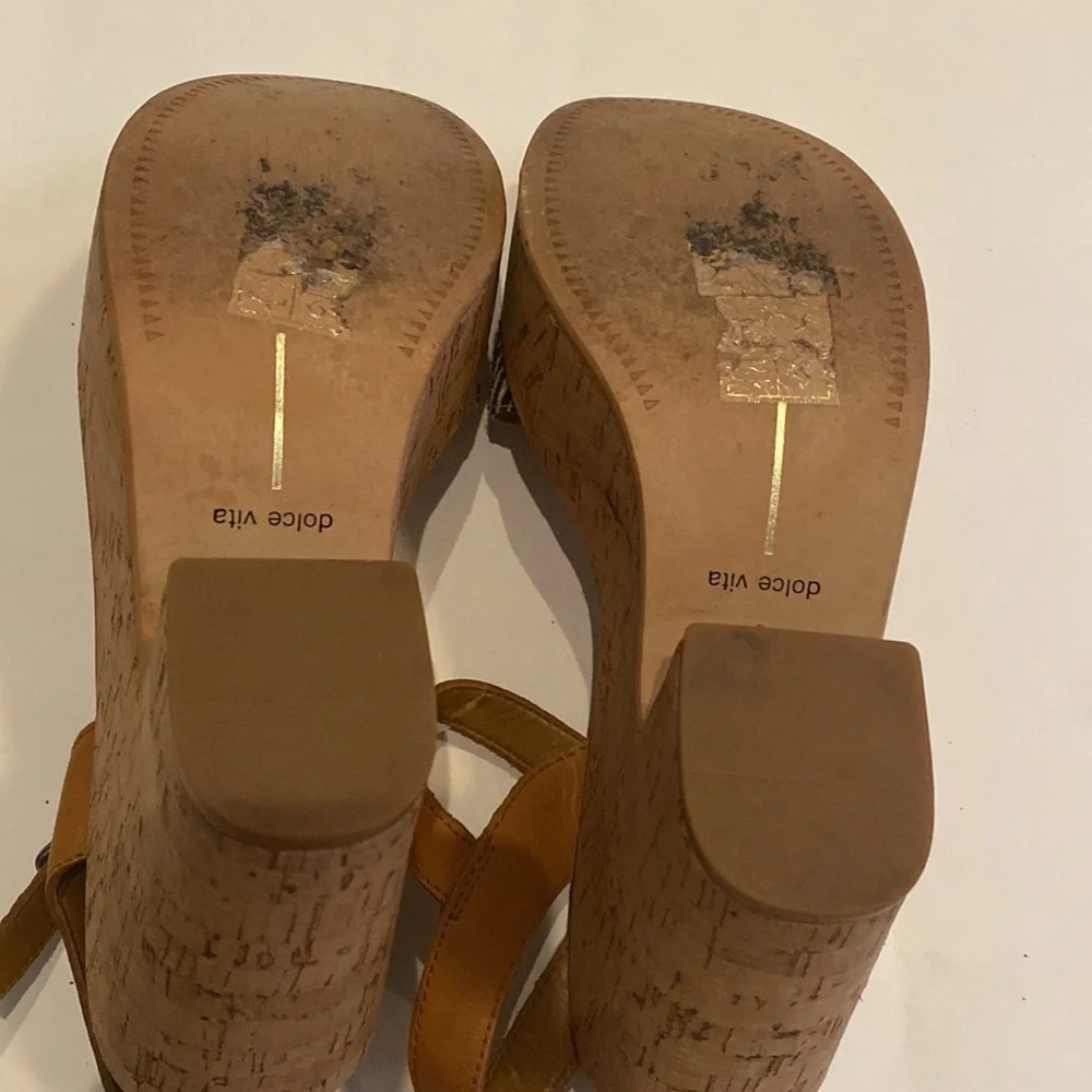 Dolce Vita Tan Leather & Black White Pattern Cork Platform Sandals