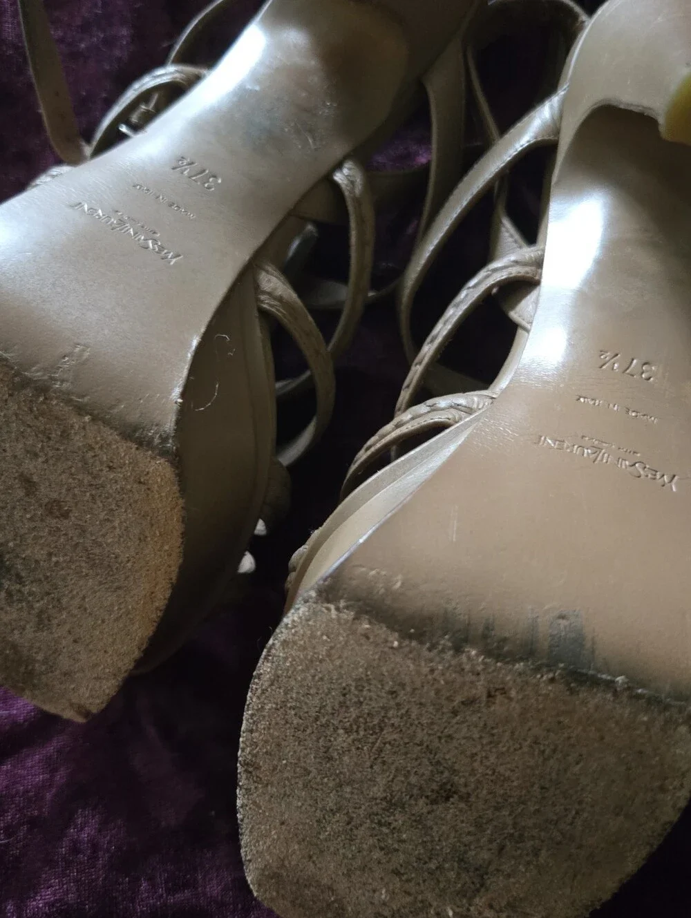 YSL Hamptons Tribute Strappy Platform Heeled Sandal 37.5 Taupe