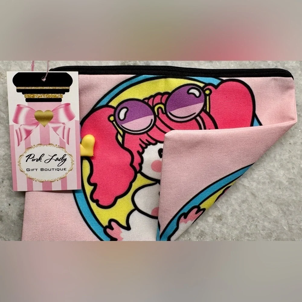 New Retro 80s Style Poochie Dog Pink Makeup Tech Pencil Bag w/ Charm - 8.5” x 6”