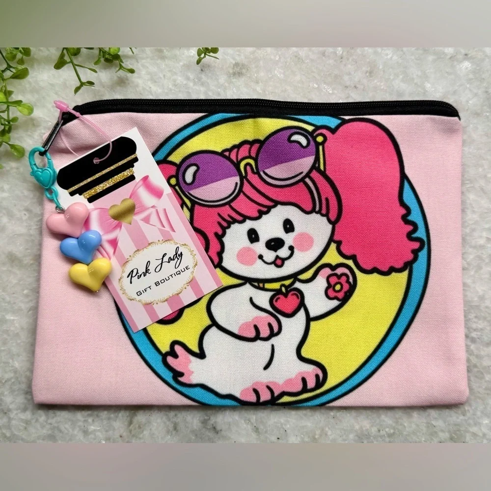 New Retro 80s Style Poochie Dog Pink Makeup Tech Pencil Bag w/ Charm - 8.5” x 6”