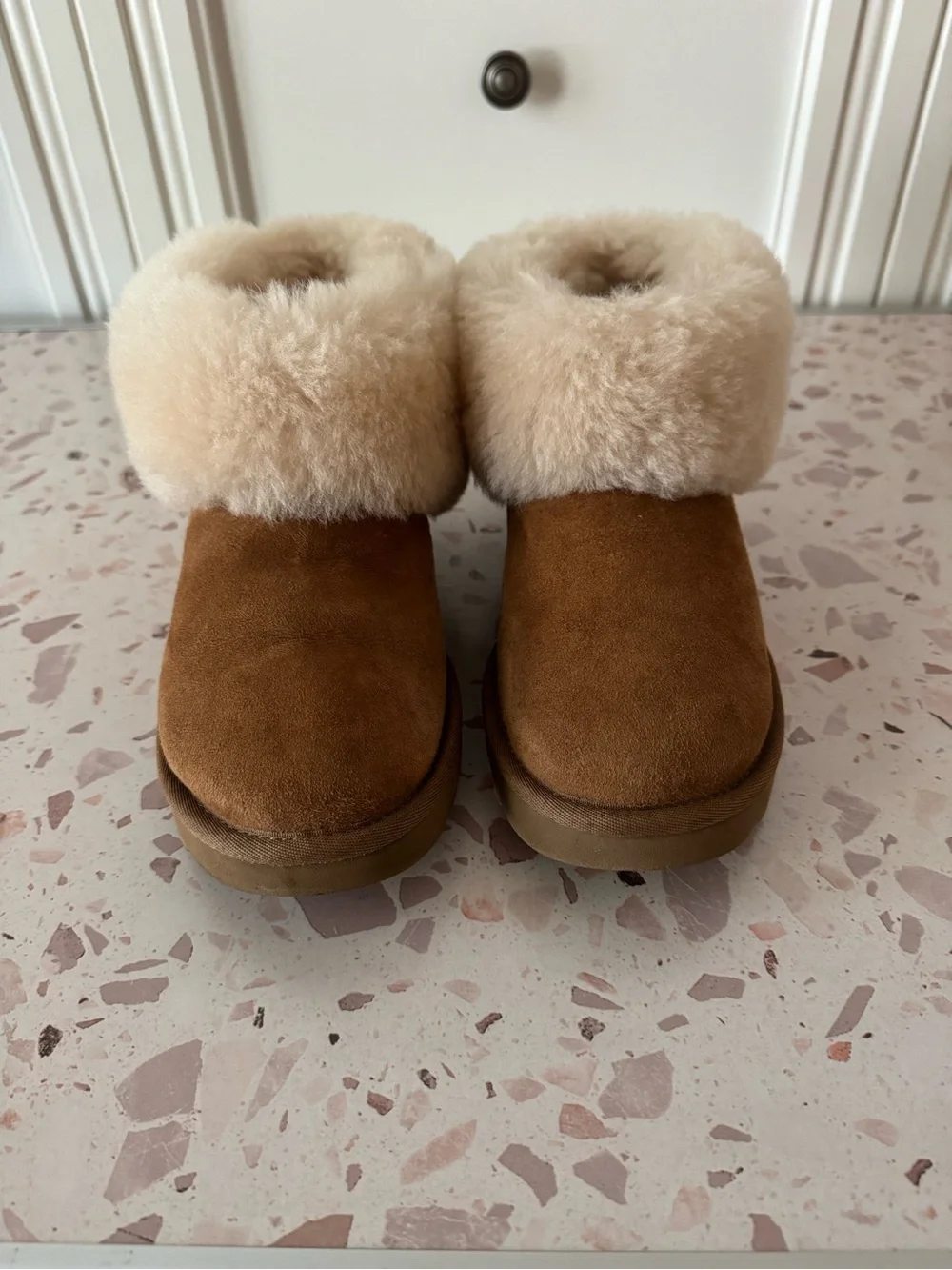 UGG Chestnut Suede Shearling Cuff Booties with Cream Collar