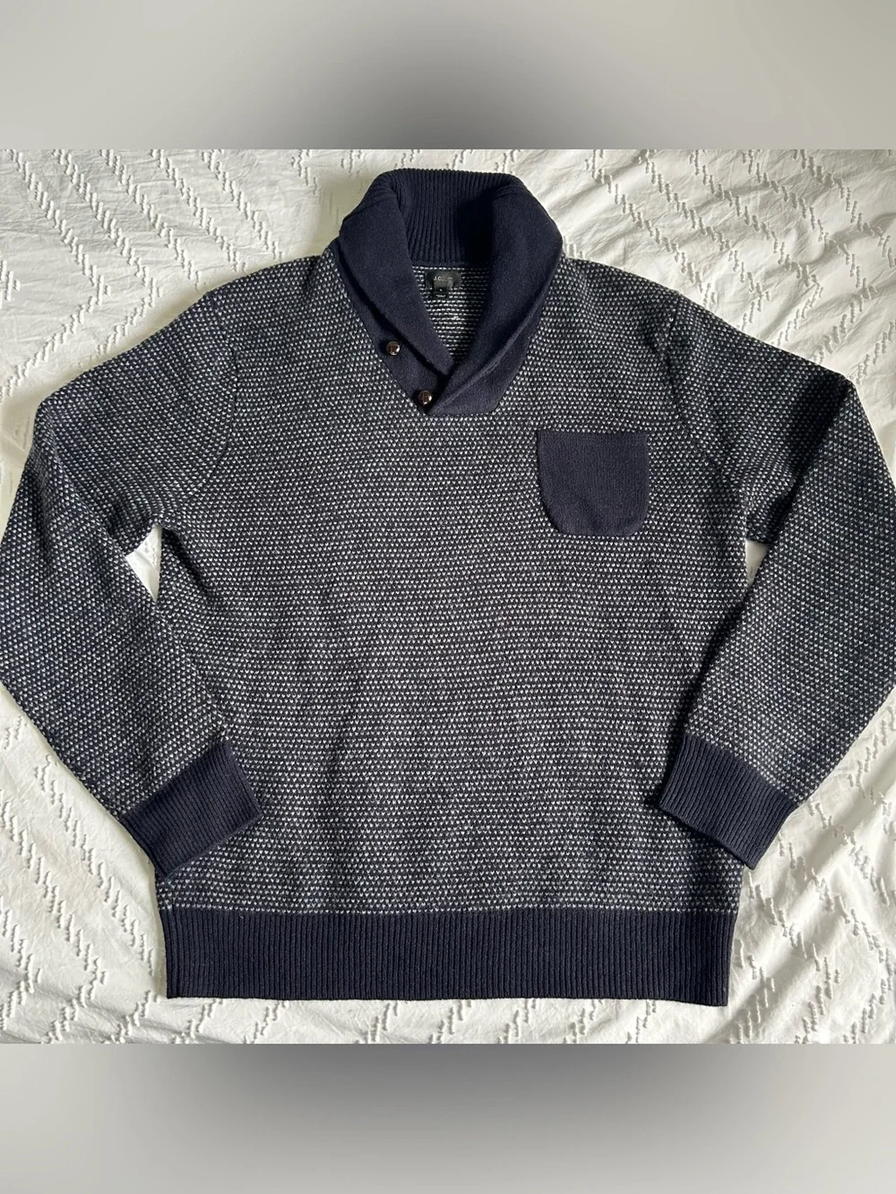 J.Crew Mens 100% Lambswool Birdseye Shawl Collar Sweater Large Blue Wool Buttons