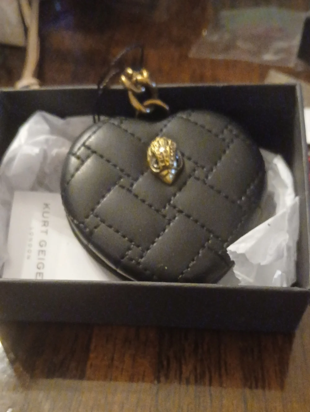 Kurt Geiger Black Quilted Heart Key Mirror and  Key Holder with Gold Accent