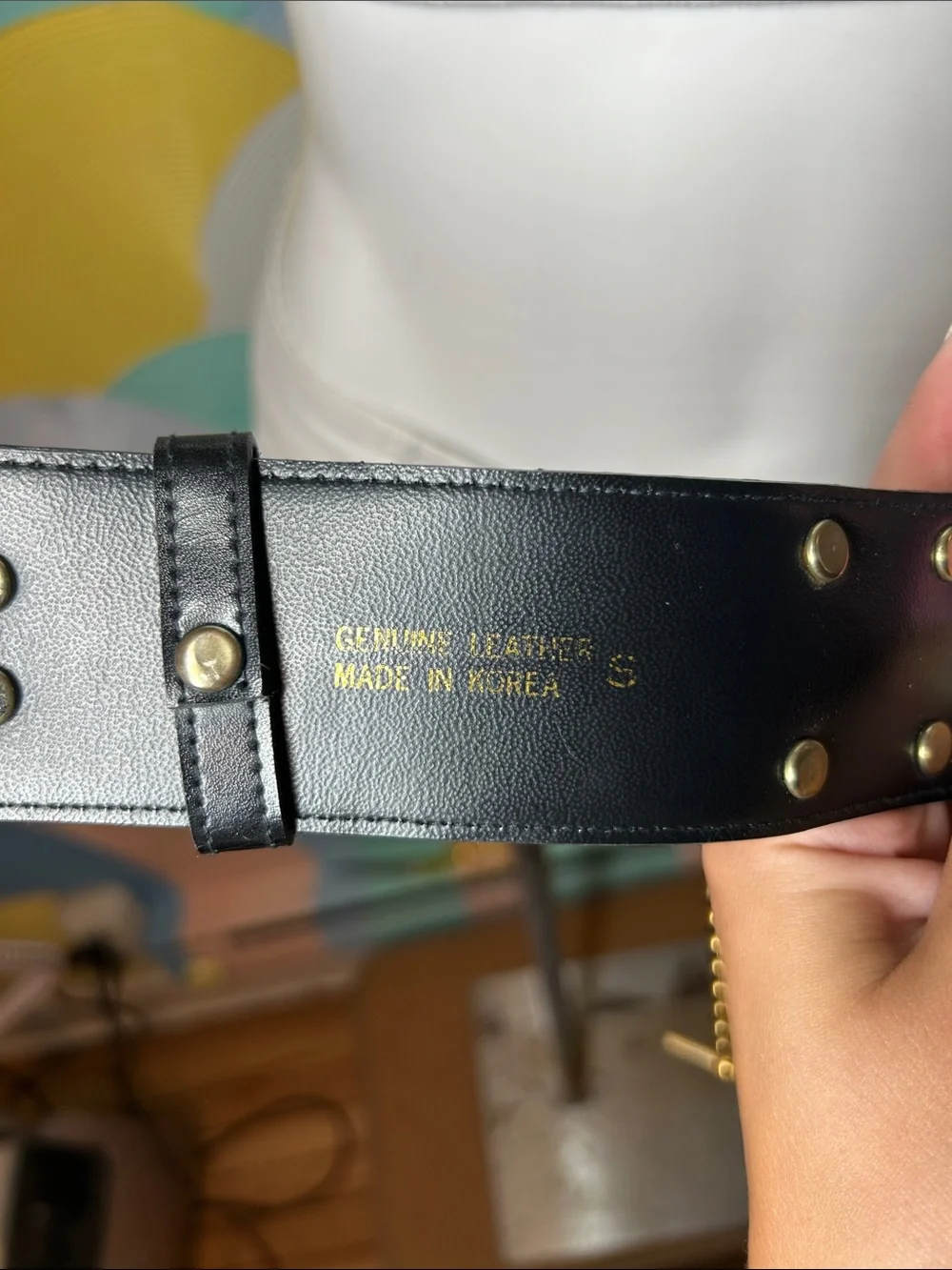 Vintage 1990s Black Leather Waist Belt with Gold Chain Accent Genuine Leather