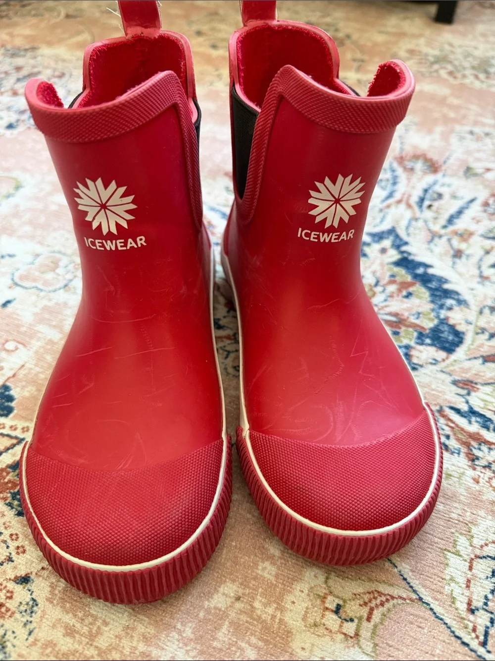 Ice Kids' Red Waterproof Rain Boots from Iceland. Has some scratches on surface.