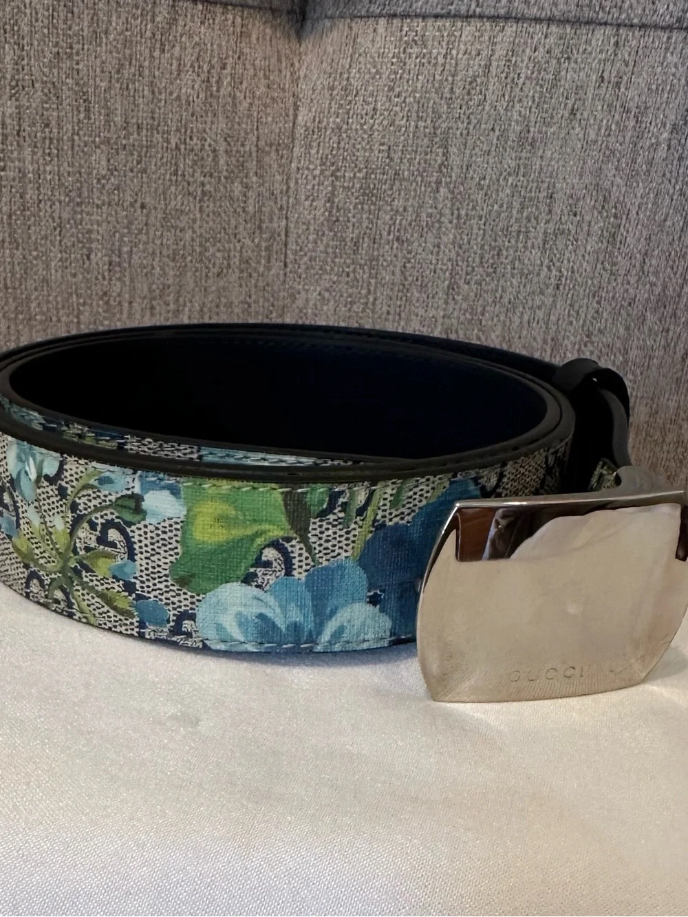Authentic Gucci GG Blooms Blue and Green Floral Canvas Belt with Silver Buckle