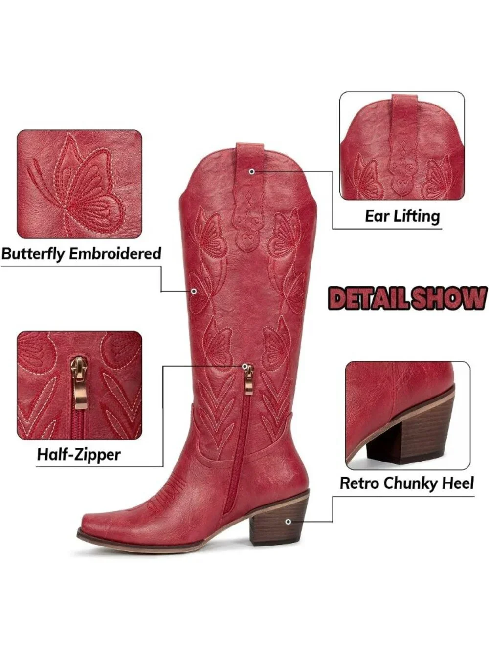 Women's Red Butterfly Knee High Cowgirl Boots Embroidered Pointed Chunky Heel
