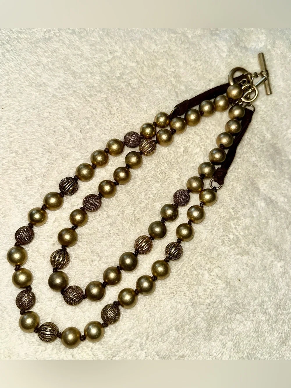 Set of 2 Vintage Ellen Tracy Gold Beaded Toggle Necklaces Layered Suede Y2K