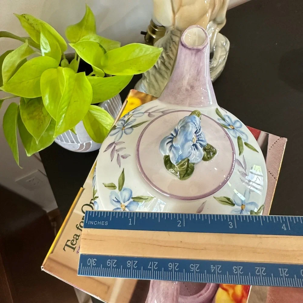 NEW VTG Tea for One Ceramic Nesting Teapot & Cup Set Floral Purple Blue Painted