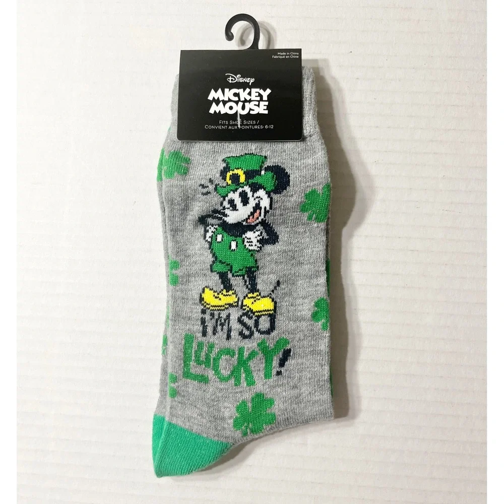 Disney Mickey Mouse Socks 6-12 St Patricks Day Leprechaun Lucky Shamrock Gray
