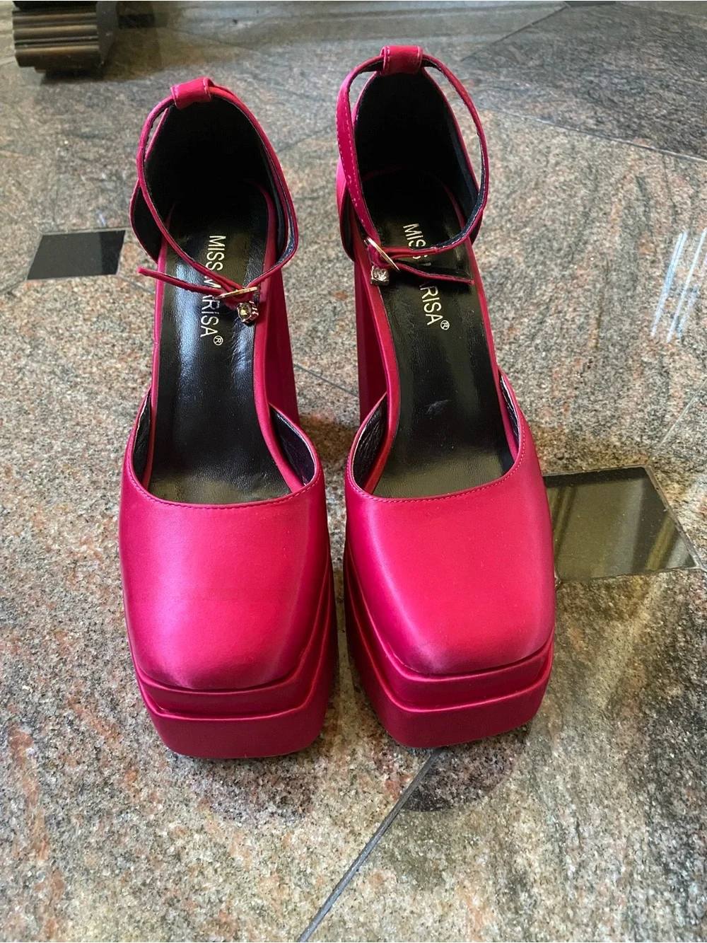 Miss Marisa Fuchsia Satin Platform Block Heel Sandals with Ankle Strap