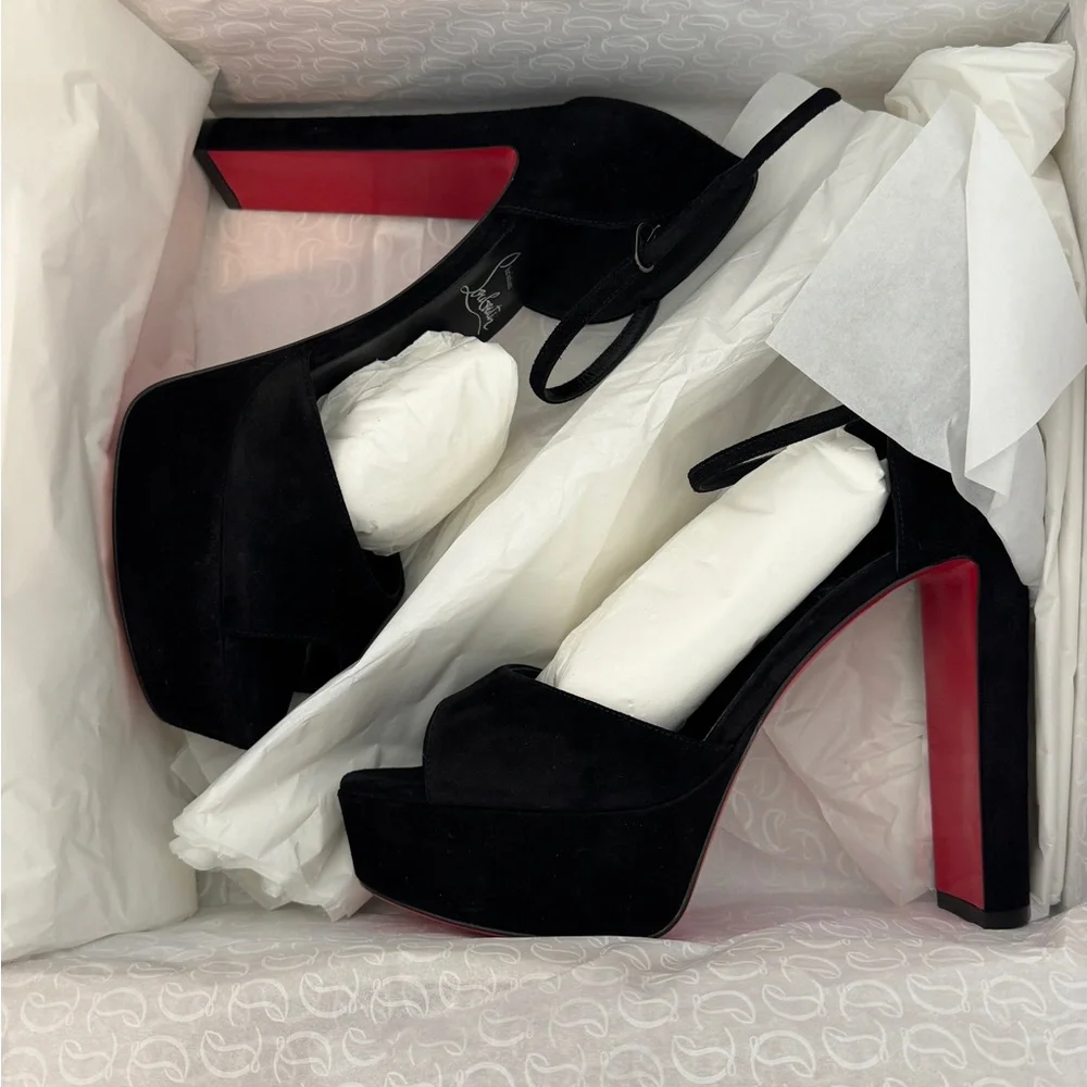 Christian Louboutin Black Suede Platform Peep-Toe Heels with Red Sole