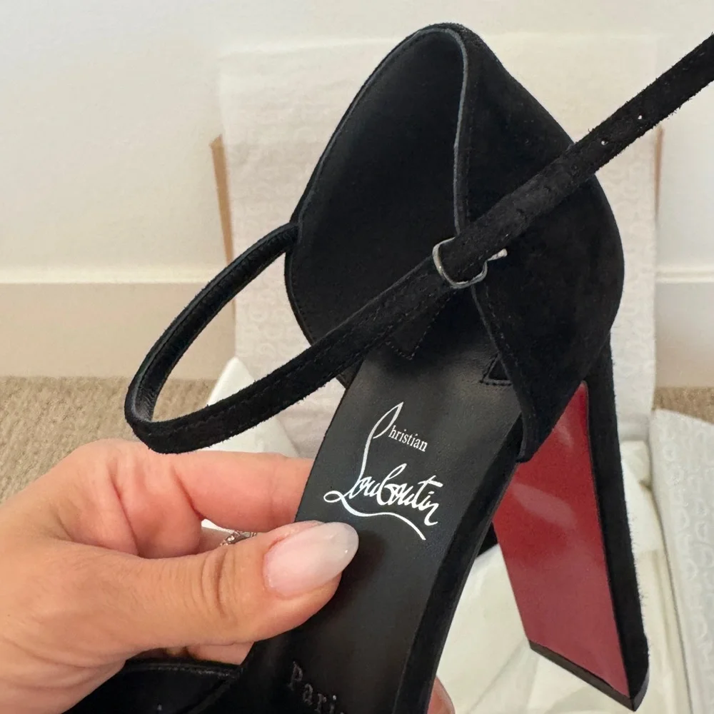 Christian Louboutin Black Suede Platform Peep-Toe Heels with Red Sole