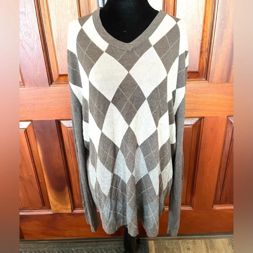 Banana Republic Sweater Mens XL Silk Cashmere Argyle Diamond Preppy Brown/gray