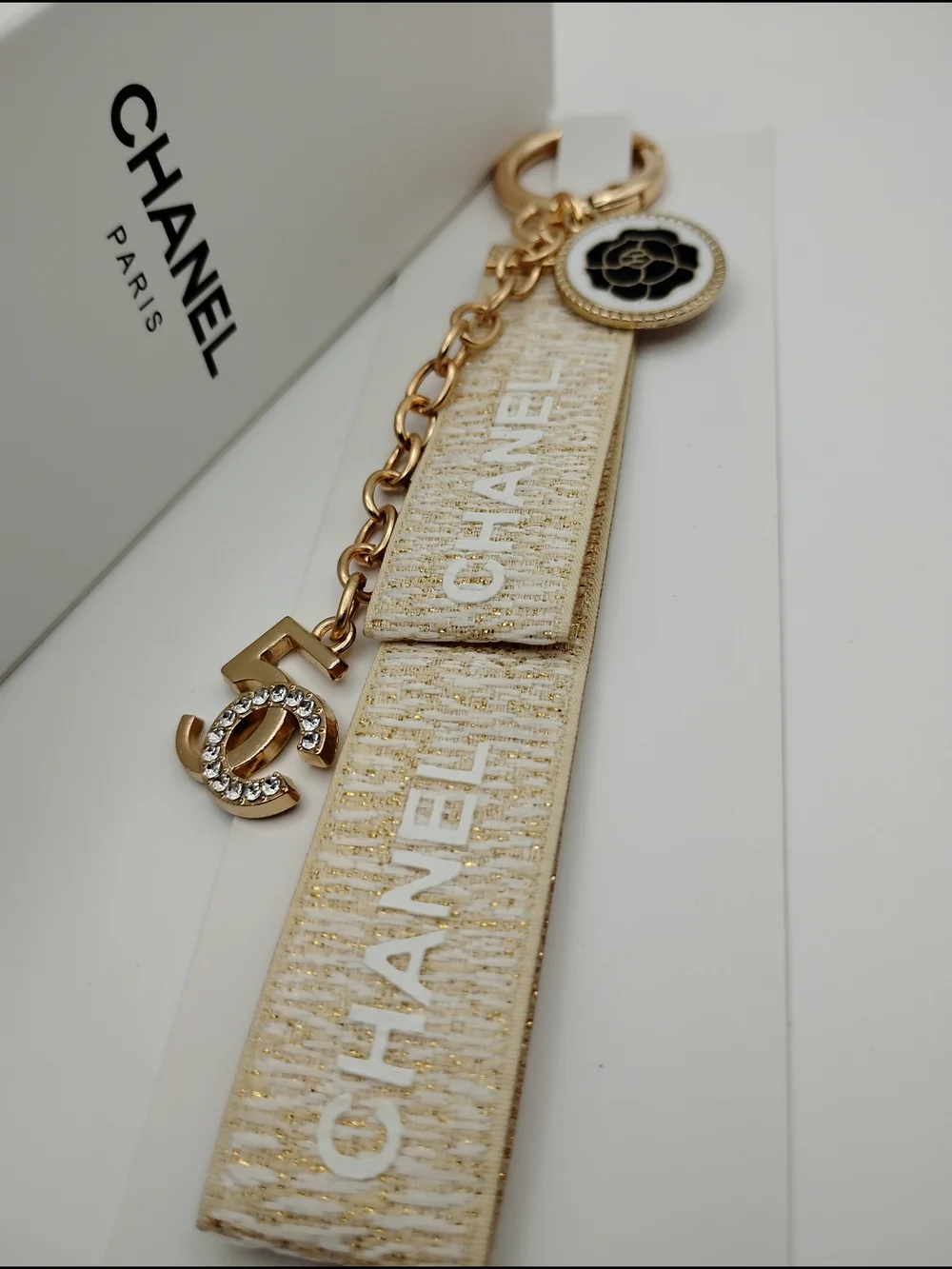CHANEL Gold and Ivory Logo Charm Strap Keyring AUTHENTIC -BNIB