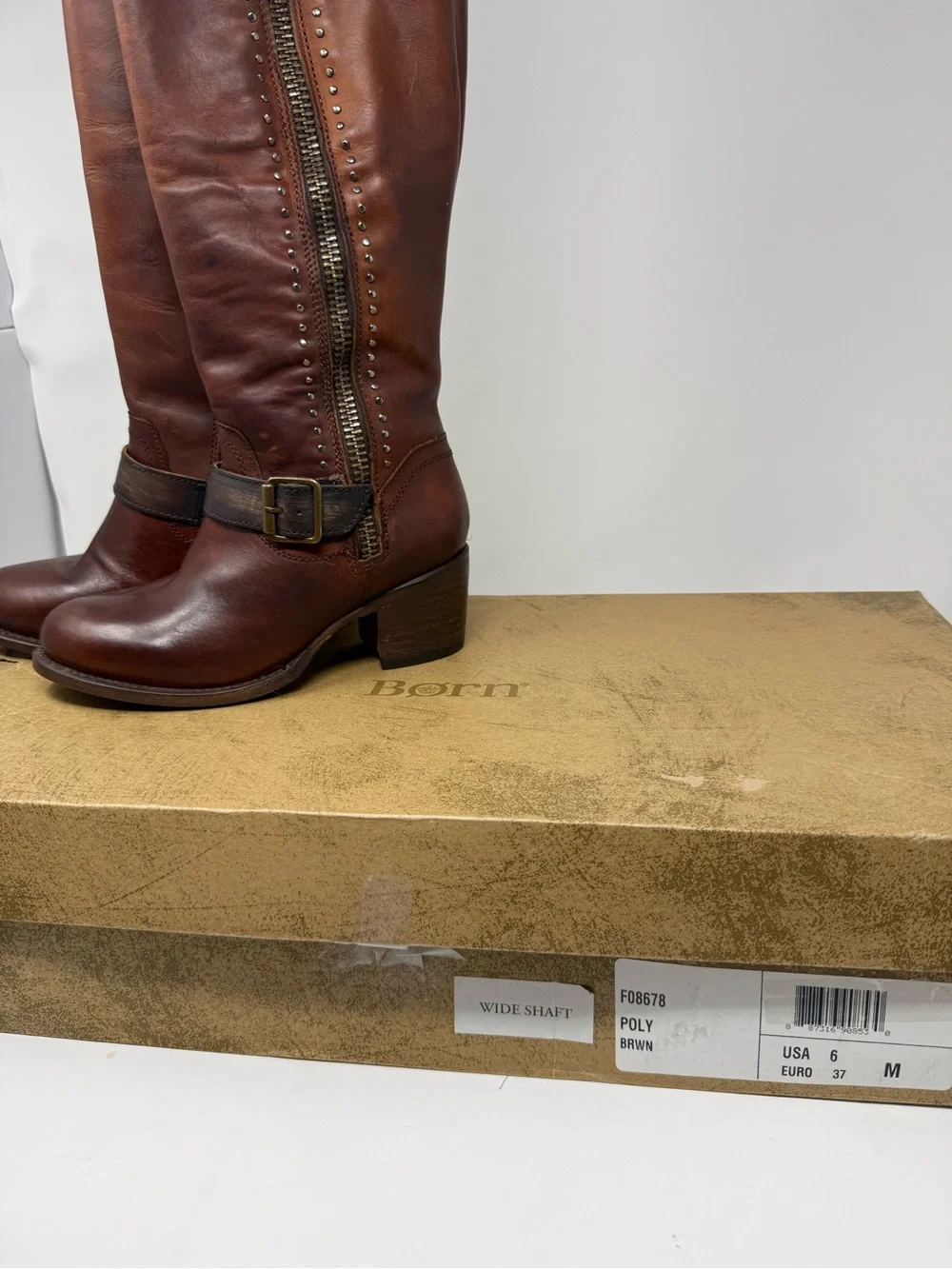 Born Brown Leather Tall Riding Boots with Studded Zip