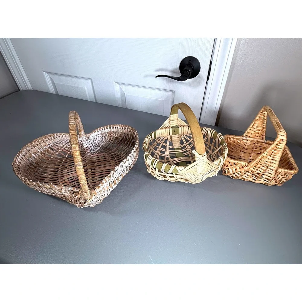 Wicker Basket Set Heart Shaped Round Rectangular Farmhouse Decor Lot 3