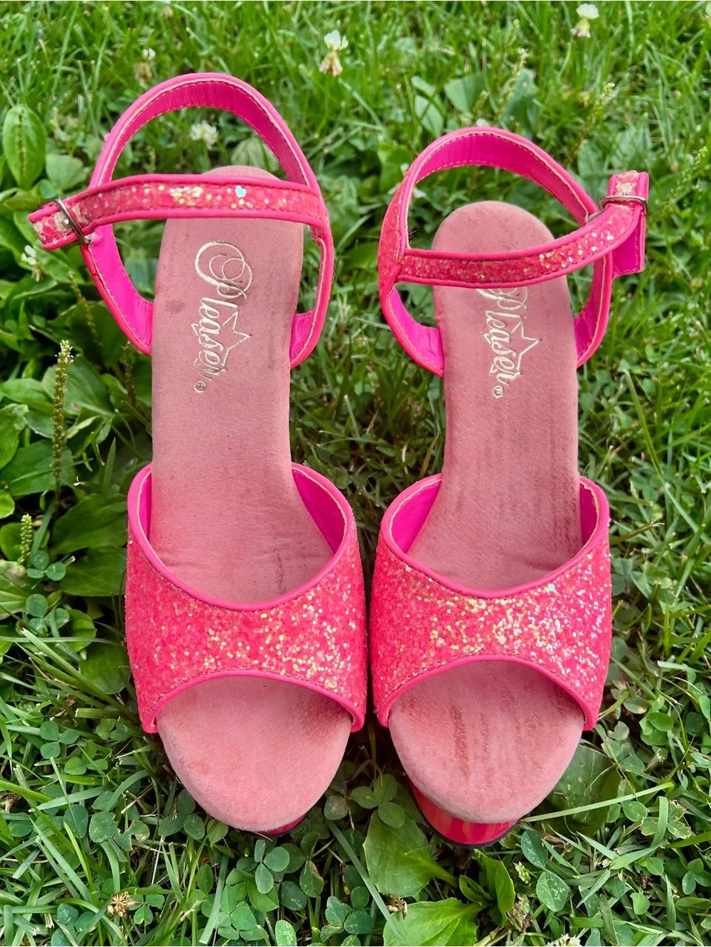 Pleaser Delight Dancer Stage Stripper Heels neon pink gold glitter 6” spike 7