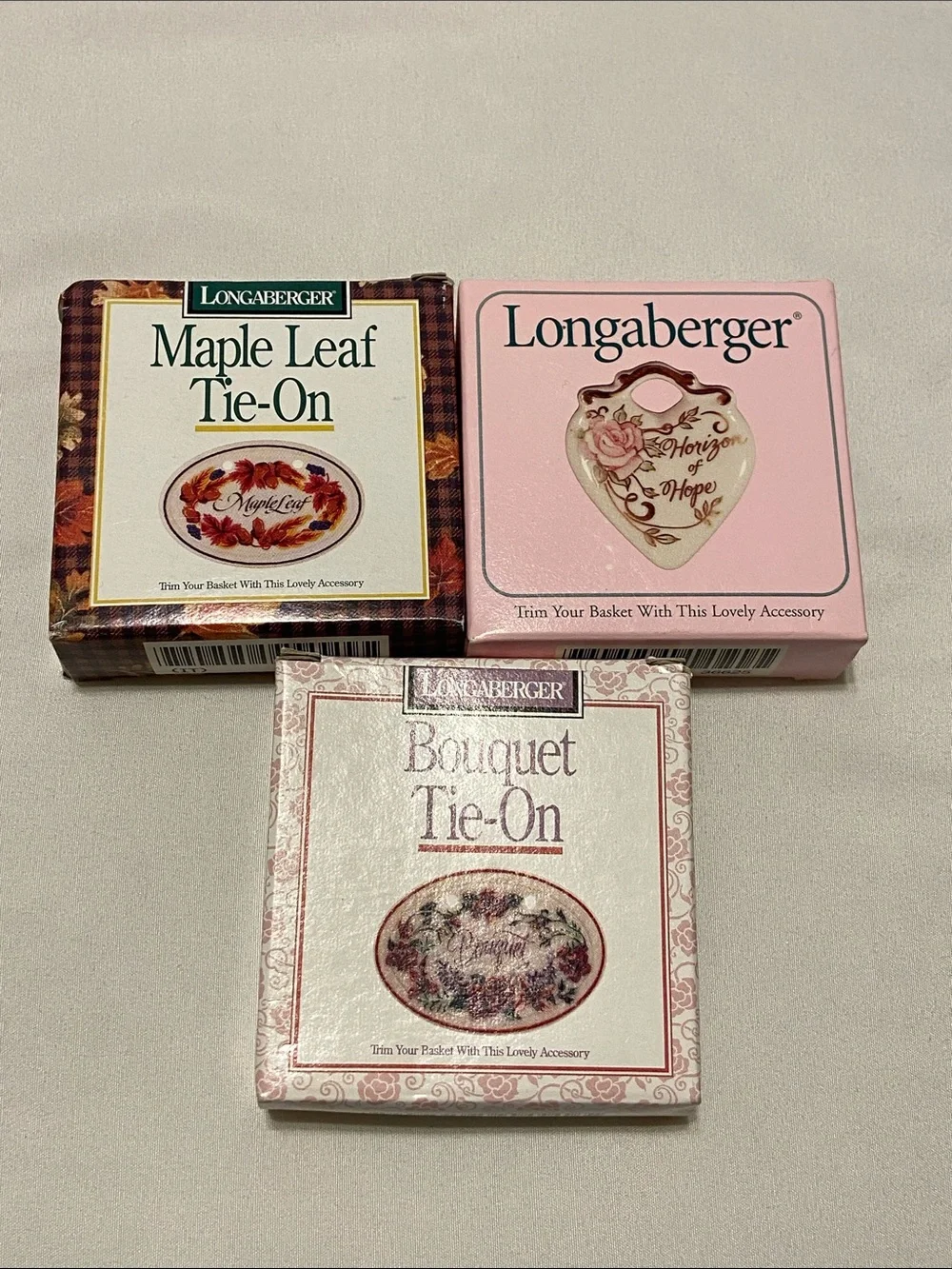 Longaberger Tie-On Trio in Pink, Cream & Brown Packaging