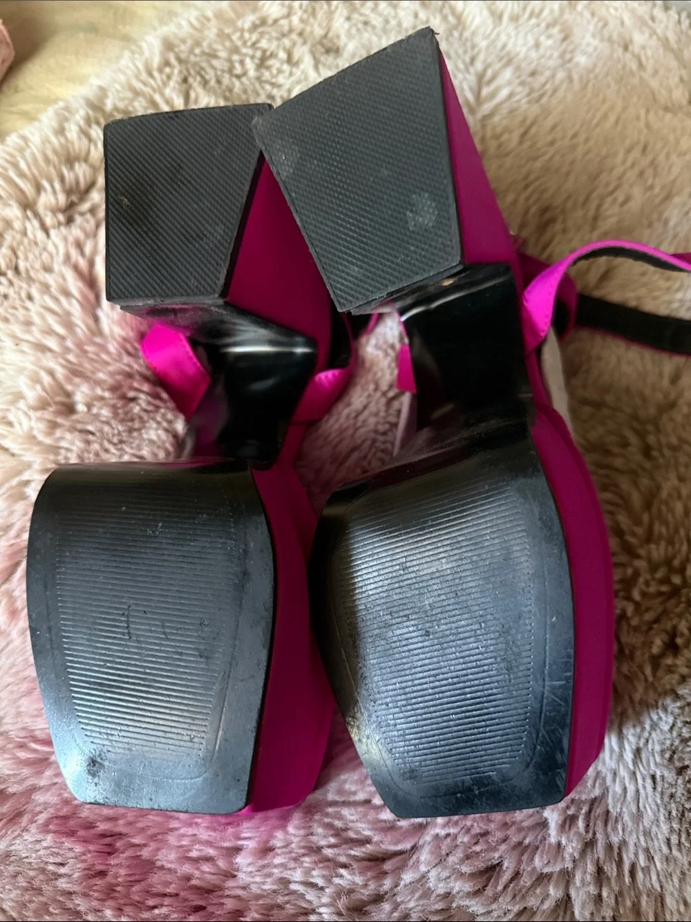 Women’s Hot Pink Square-Toe Ankle Strap Heels with Rhinestone Buckle