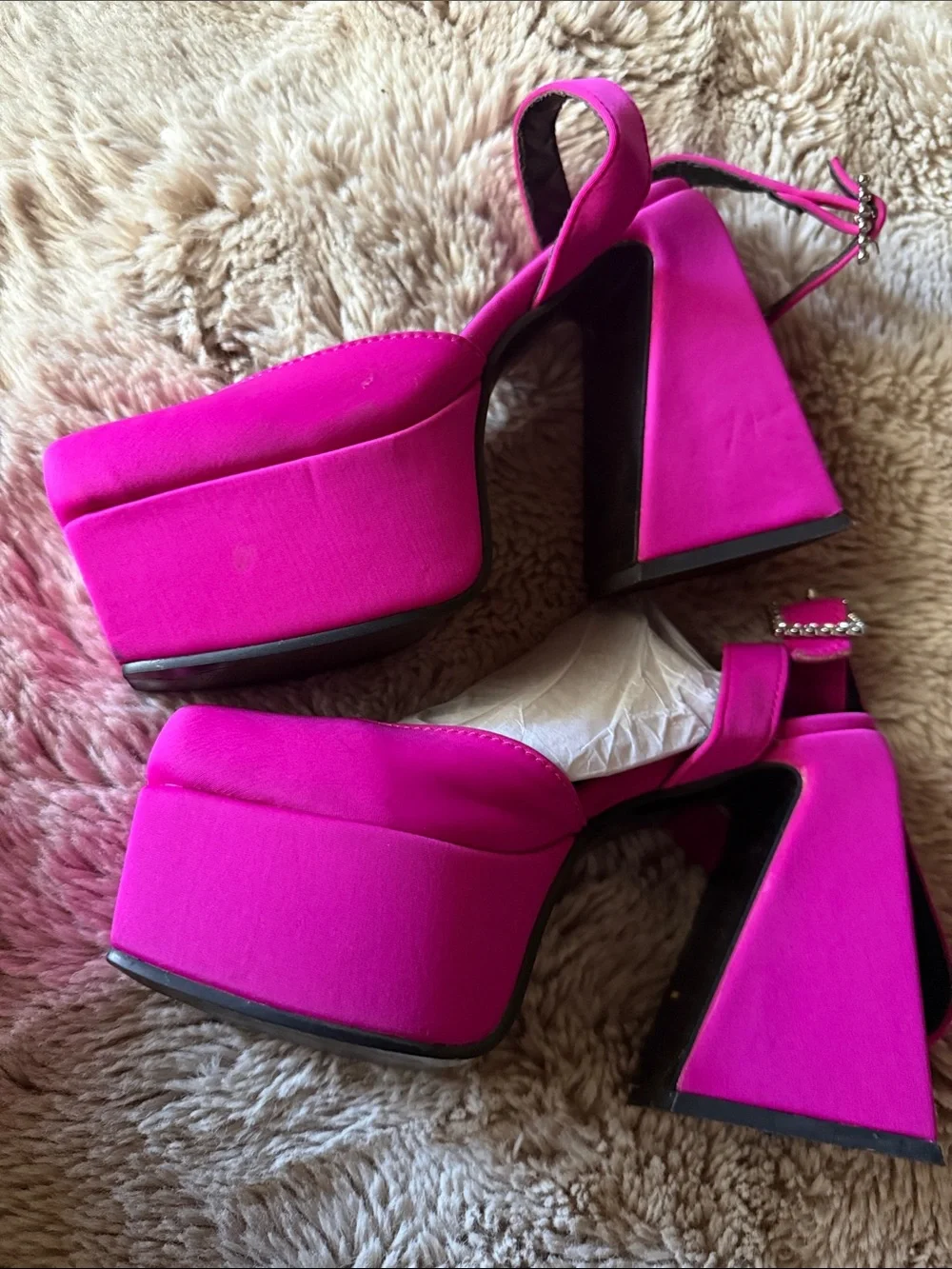 Women’s Hot Pink Square-Toe Ankle Strap Heels with Rhinestone Buckle