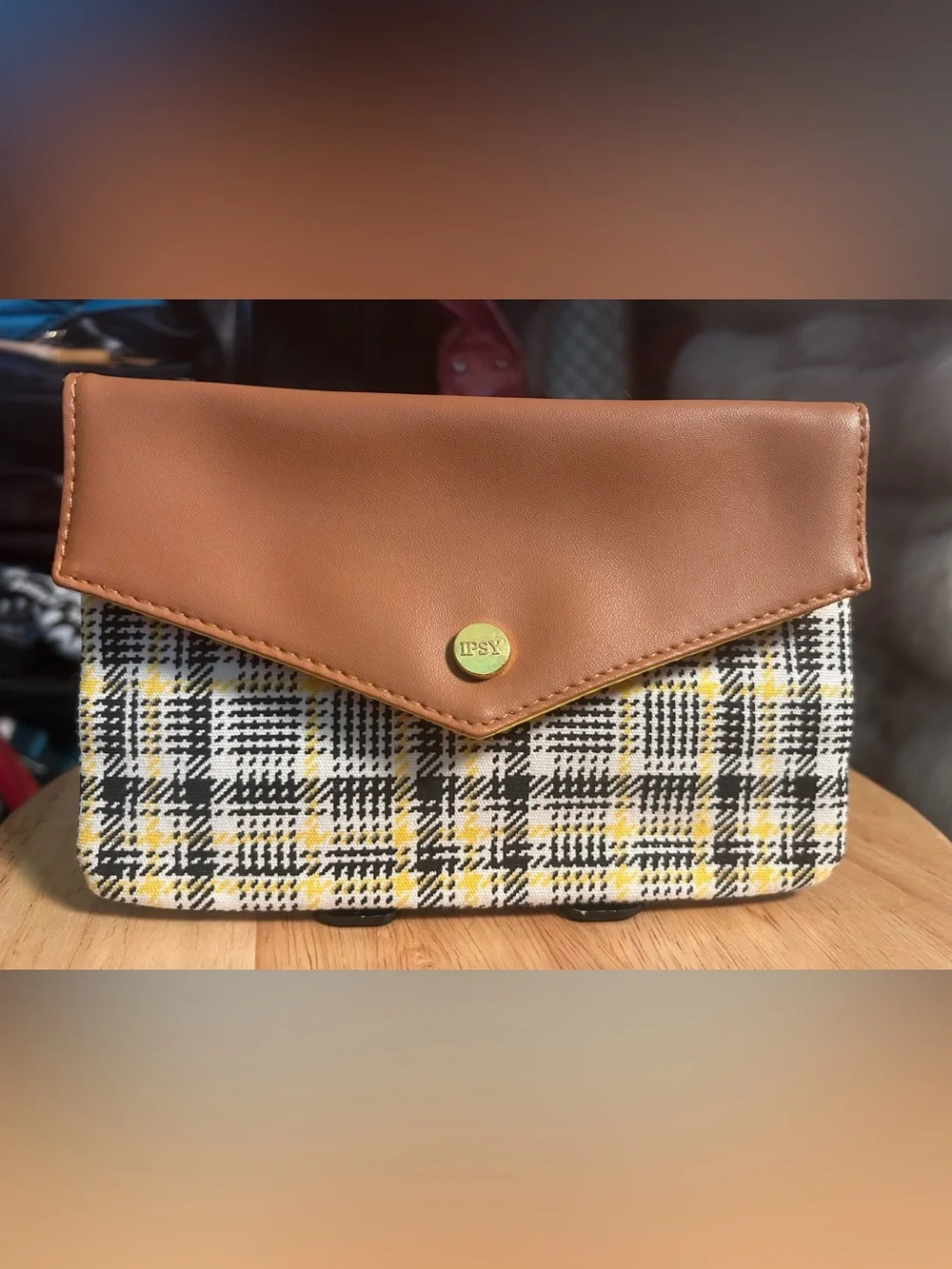 Ipsy “Clueless” inspired Yellow Plaid Cosmetic Pouch w/ Vegan Snap Flap