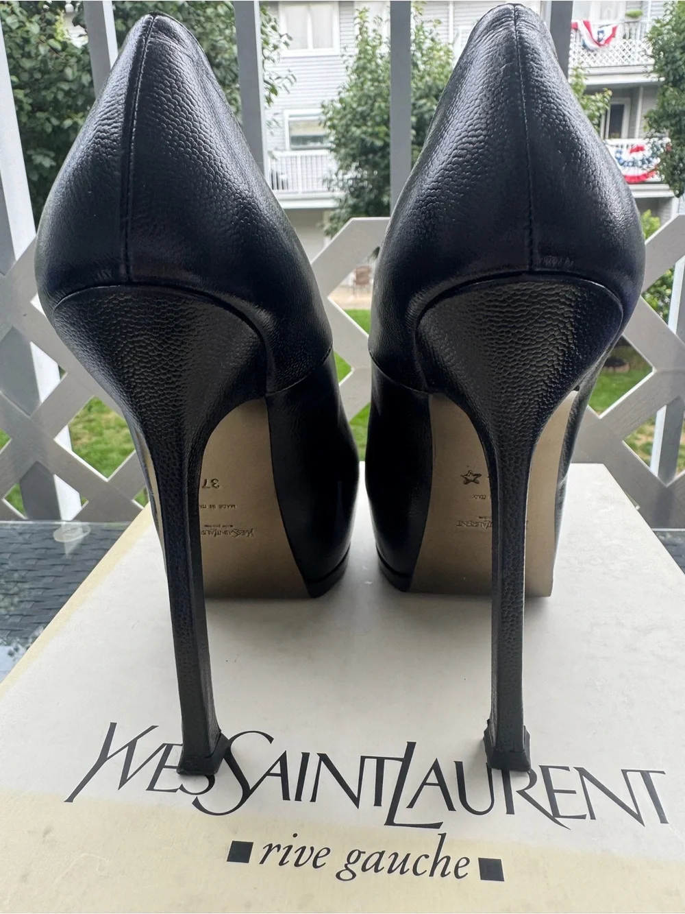 YSL Yves Saint Laurent Black Leather Tribtoo Tribute Platform Pumps Shoes 37
