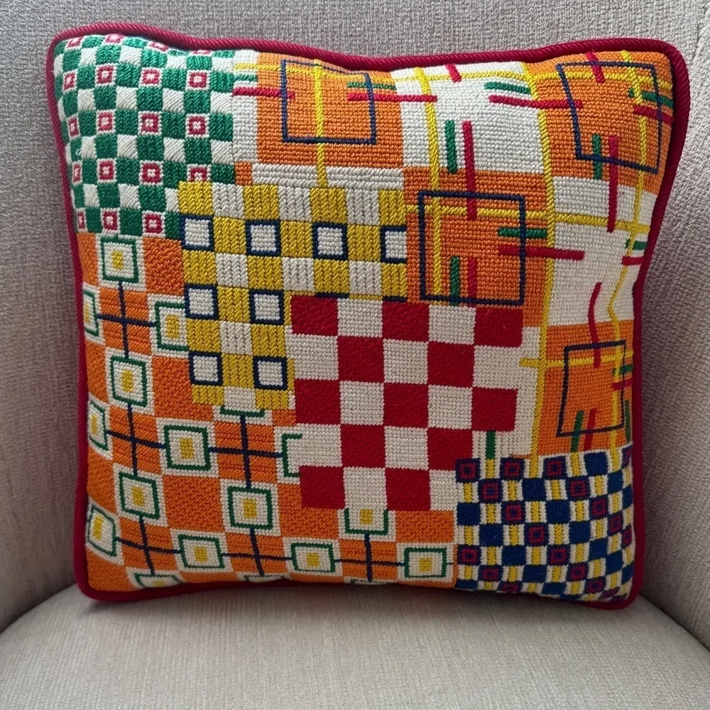 Needlepoint pillow colorful avantgarde abstract shapes checkered handmade square