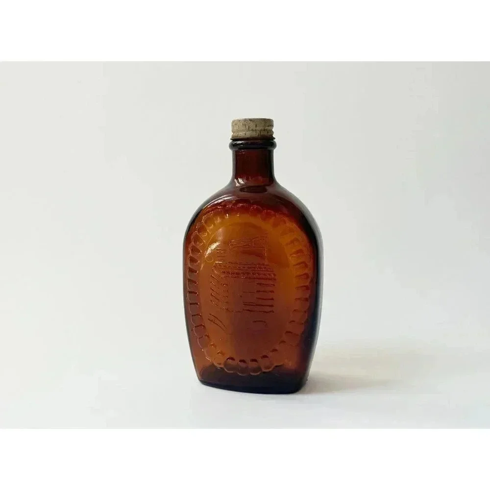Vintage Dark Browl Glass Log Cabin Syrup Bicentennial Glass Container with Top