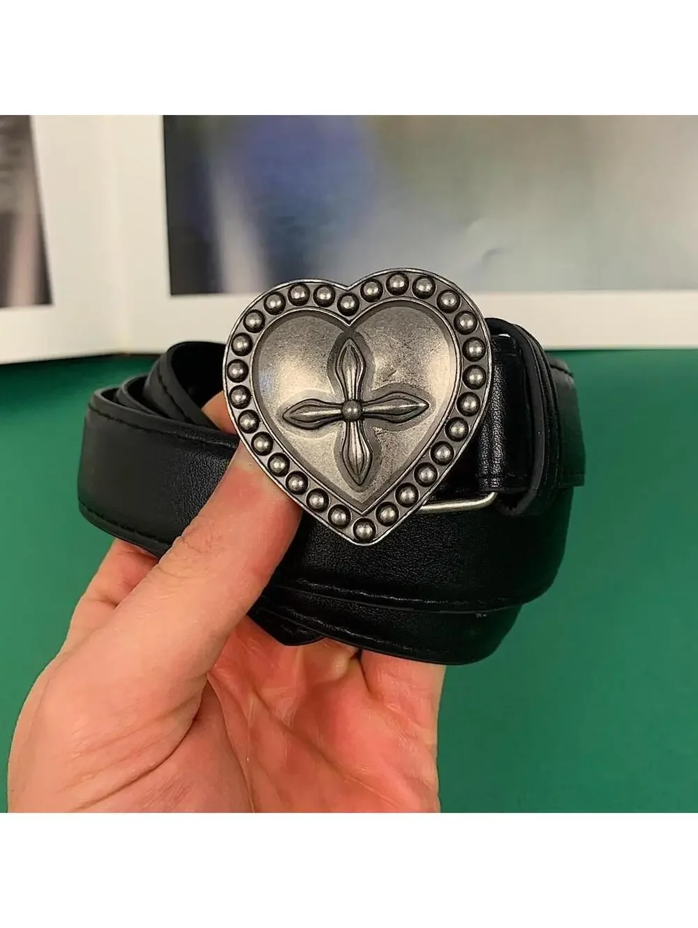 Y2k gothic style heart cross belt buckle black belt. 40 inches length. Unisex