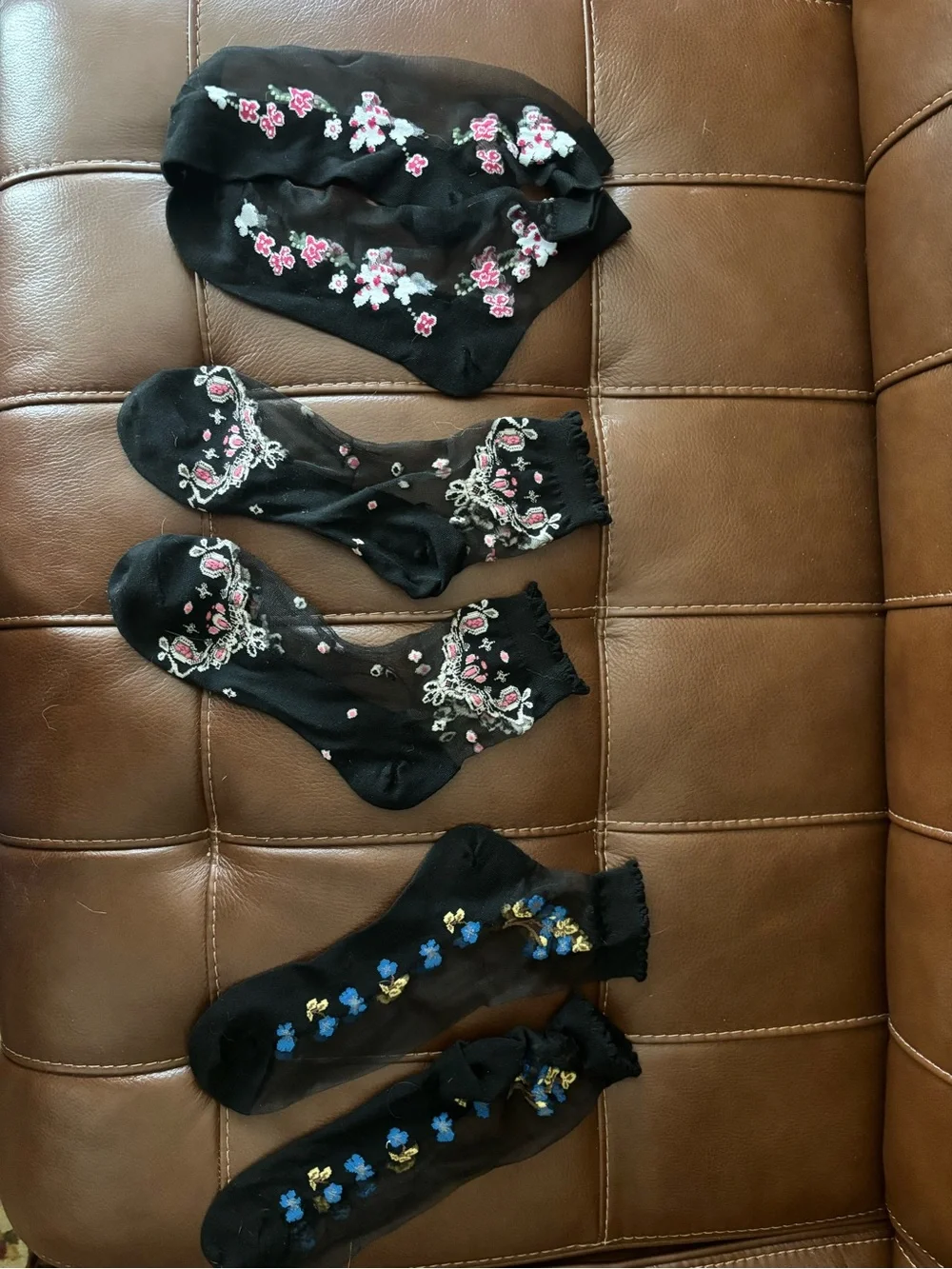 Embroidered Black Sheer Ankle Socks Set - Pink & Blue Floral
