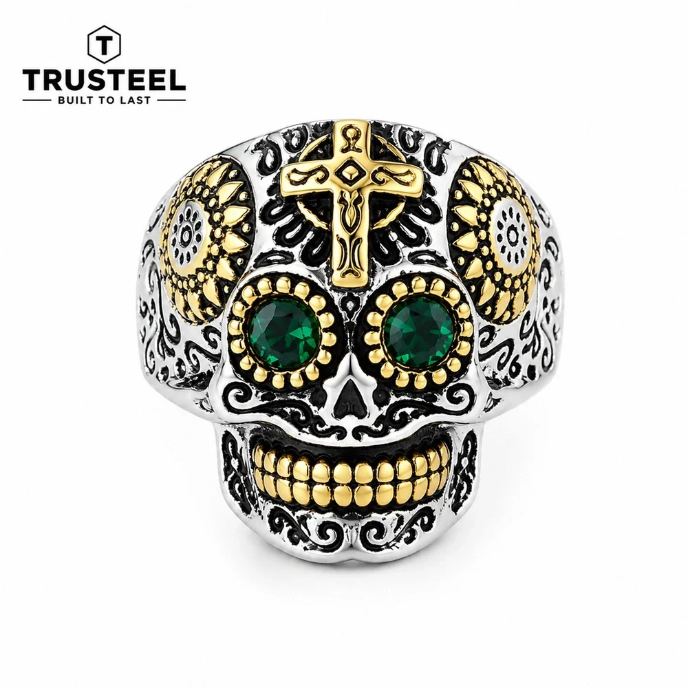 316L Stainless Steel Sugar Skull Ring green CZ Cross Gothic Biker Men’s size 10