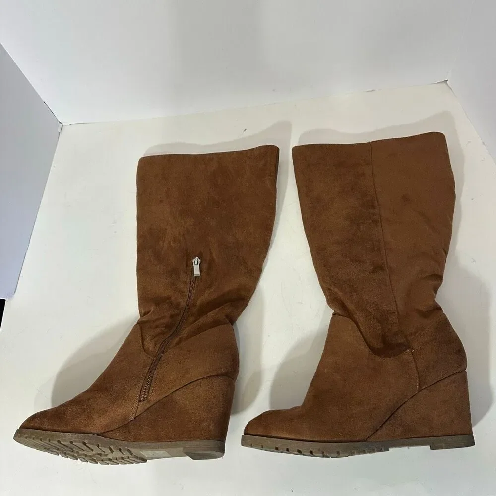 Journee Collection Women’s Micro Suede Knee High Wedge Boots Brown/Tan Faux Sued