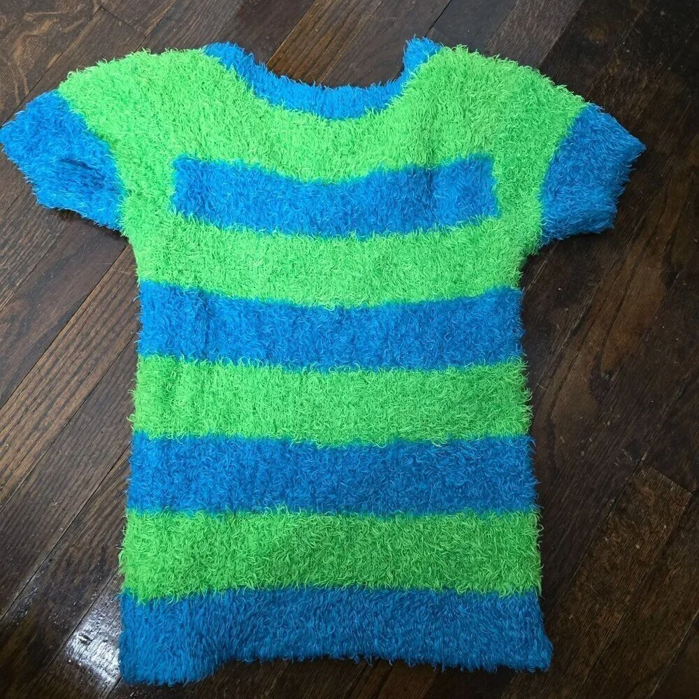 Y2K Style Justice Neon Green Blue Stretchy Fuzzy Baby doll Top