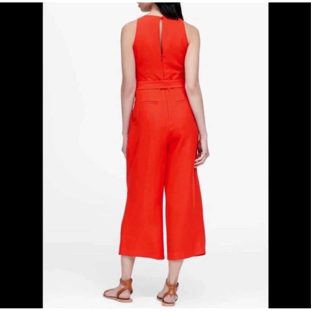 NWT Banana Republic Women Jumpsuit 0P Red Linen Blend Belted Wide Leg Sleeveless
