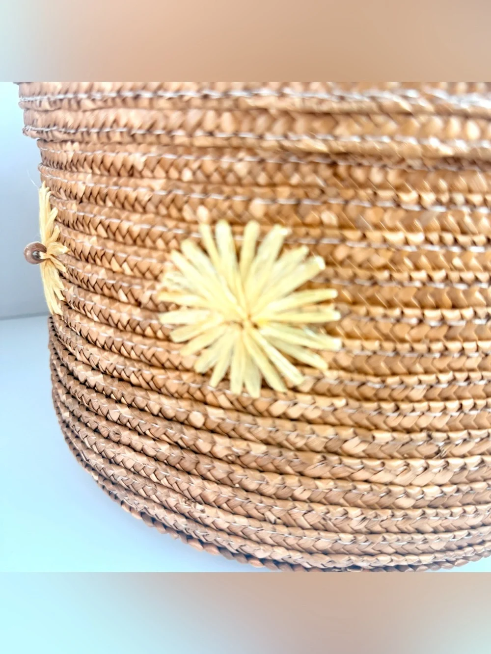 Set Of 2 Vintage Pier 1 Round Straw Storage Basket W/ Lid & Flowers On Side boho