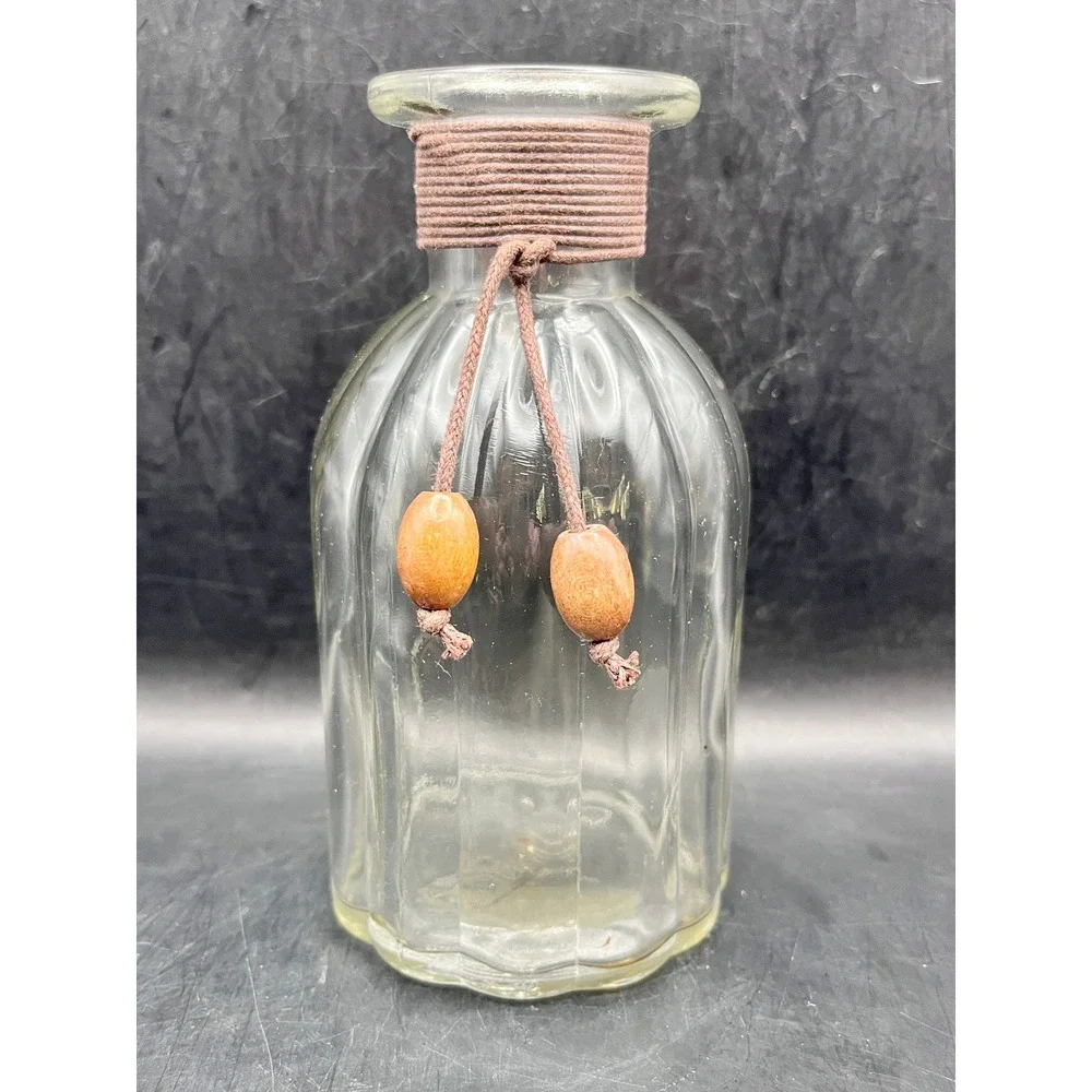 Pier 1 Imports Clear Ribbed Glass Apothecary Bottle Jute Wrapped Wood Beads 5.5