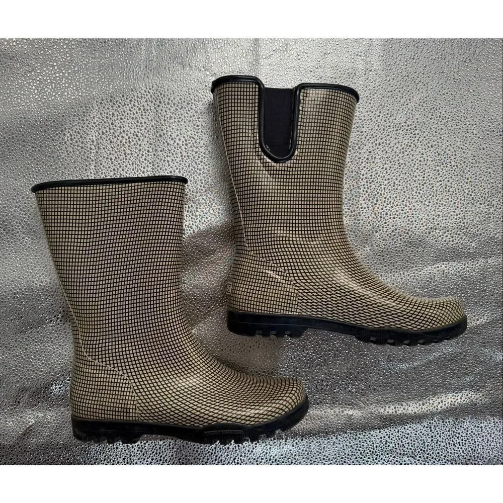 Sperry Women’s Rain Boots Tiny Tweed Pattern Tan Navy size 8