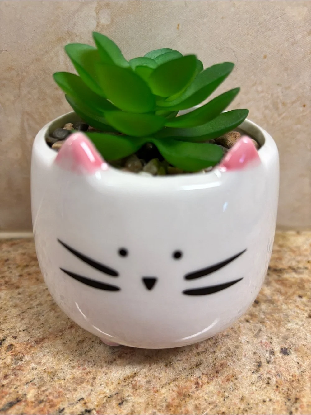 Cute White Cat Planter with Pink Ears & Faux Succulent