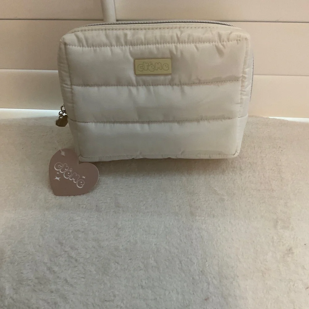 etäme Quilted Cream Cosmetic Pouch - Soft Travel Makeup Case