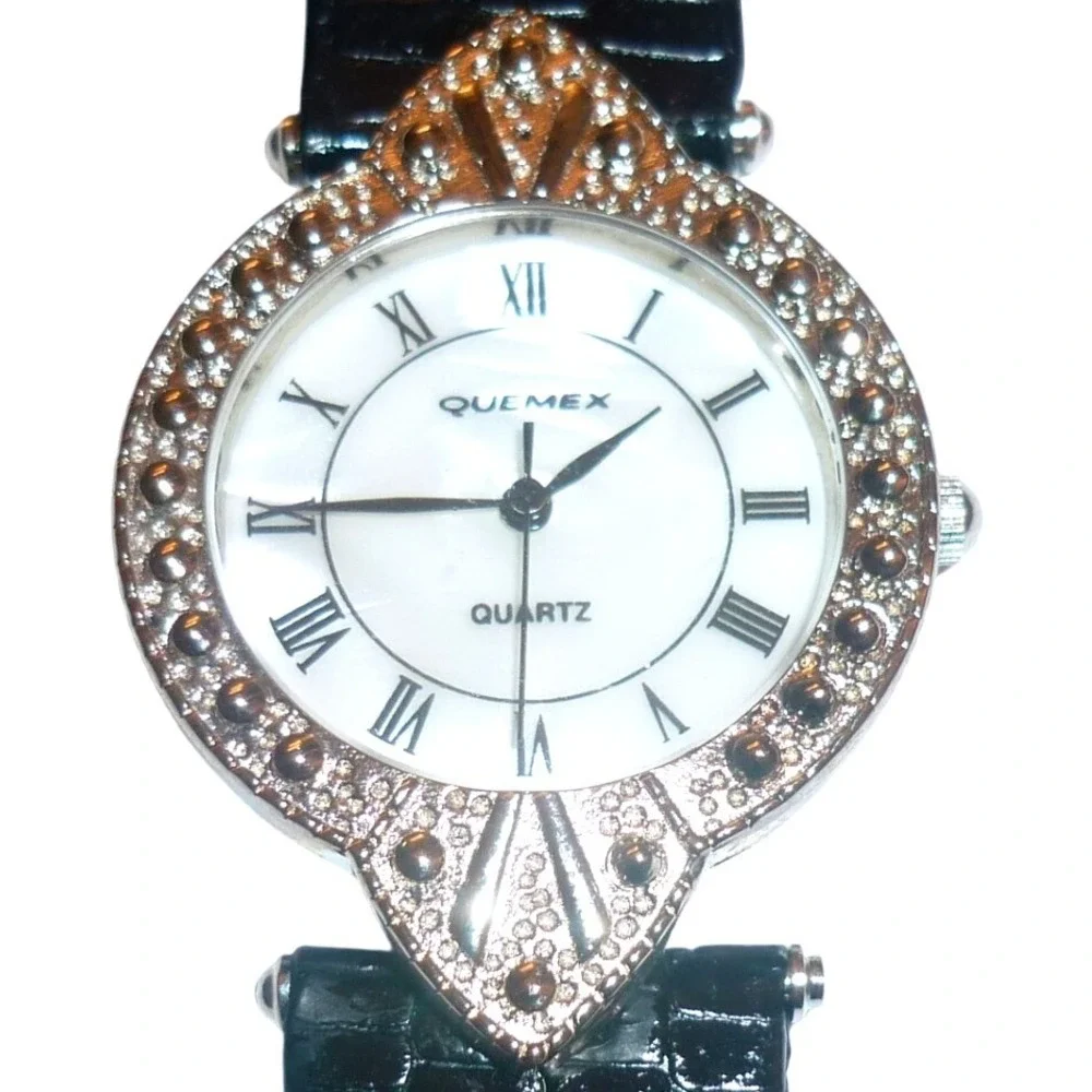 VTG Quemex Womens Watch Art Deco Style Silver Tone Dial Black New Battery NOS