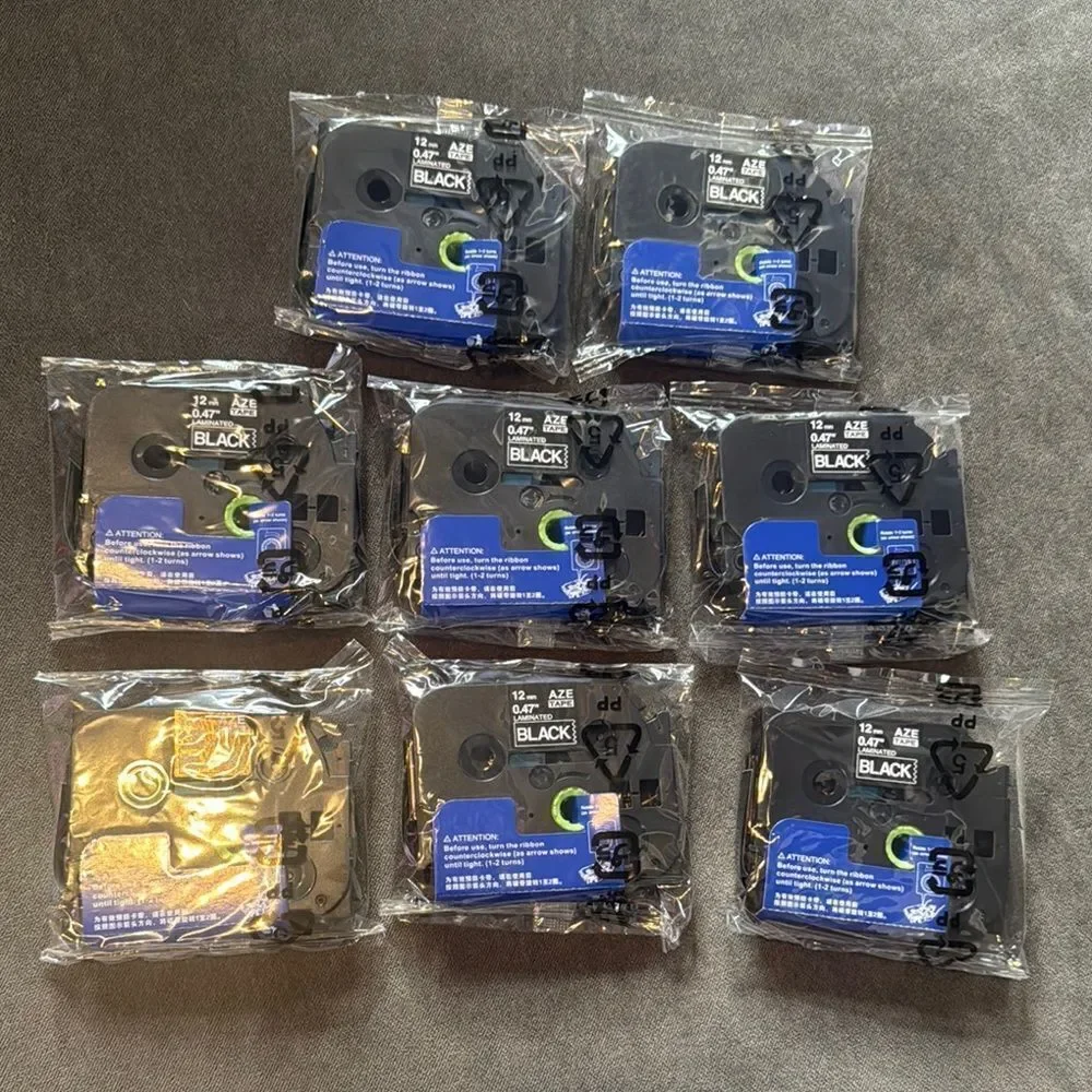 Label Maker Tape Black 12mm .47” Set of 8 Compatible with Brother P-Touch