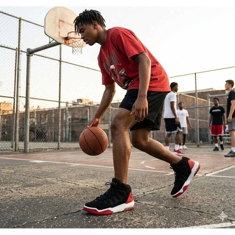 Jordan Max Aura Mens Basketball Shoes Black Red White Bred AQ9084-006 Mid Top